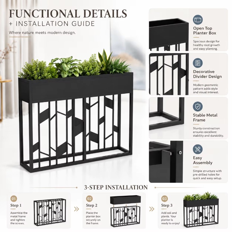 Kotak Tanaman Logam Hitam Doff - Room Divider Bamboo ulasan dan harga